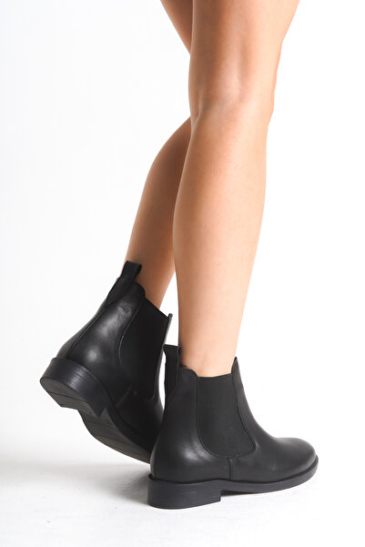 Ayakkabı Delisiyim Cizme scurte de damă din piele neagră, cu talpă groasă elastică, impermeabile Pery