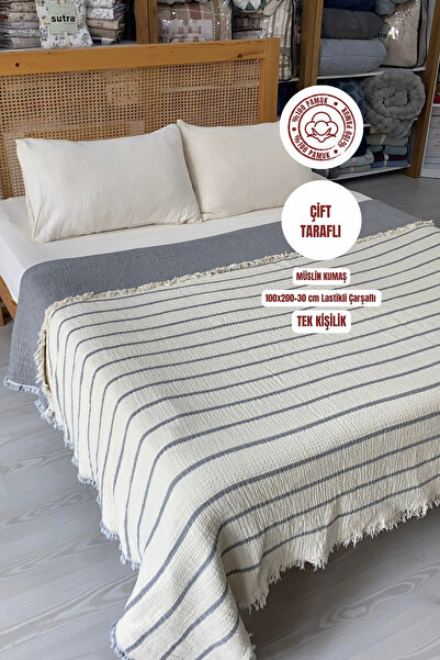 sutra %100 Pamuk 8 Kat Müslin Yorganlı Lastikli Çarşaflı Tek Kişilik Uyku Seti