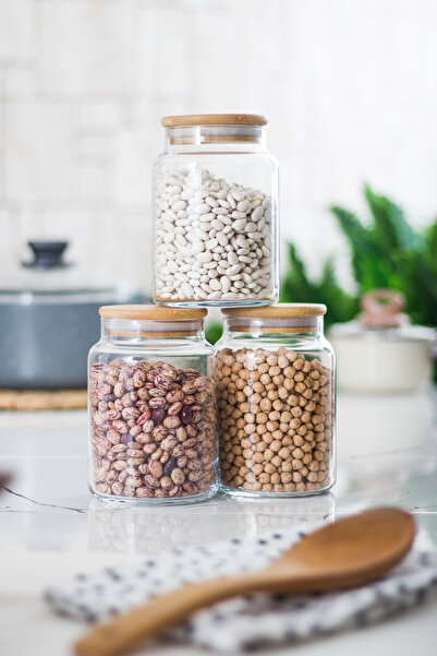 Mustran Set of 3 Glass Jar with Bamboo Lid & Food Storage Container 800 ml Medium Size (Vacuum Lid)