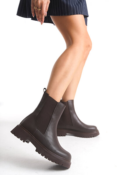 ELAIA SHOES LYON Kahve Suni Deri Lastik Detay Kalın Taban Kadın Bot