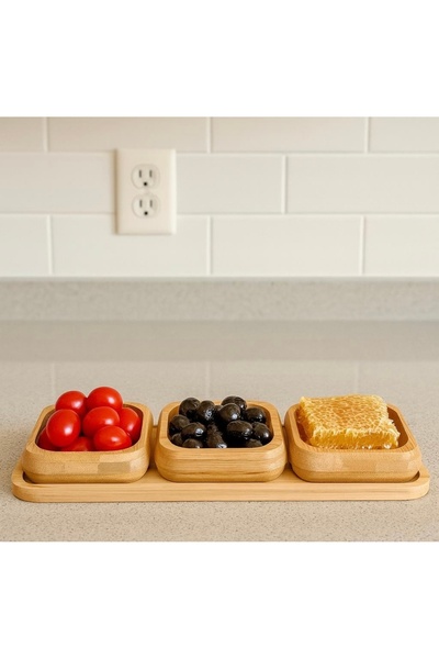 Kitchen Pembelia 3-Piece Breakfast Jam Presentation Bowl Presentation Set with Bamboo Presentation Tray