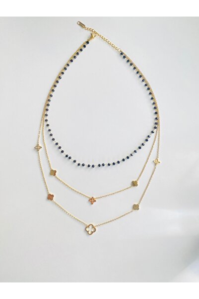 Ustaeller Steel Necklace with Black Beads and Steel Necklace Made of Four-Leaf Clover Figures