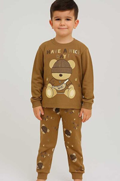 Hümazade Brown Teddy Bear 4-5-6 Years Old Children's Top and Bottom Set Pajam...