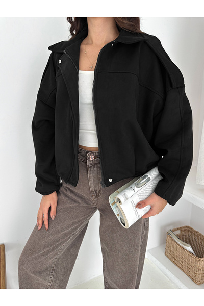 sportiness Jachetă Bomber supradimensionat din piele intoarsa cu detaliu apolete