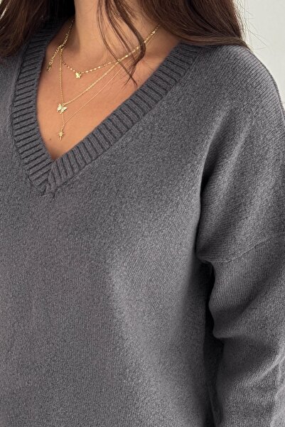 FEMELLE Women's Smoked V-Neck Standard Size Oversized Basic Knitwear Sweater