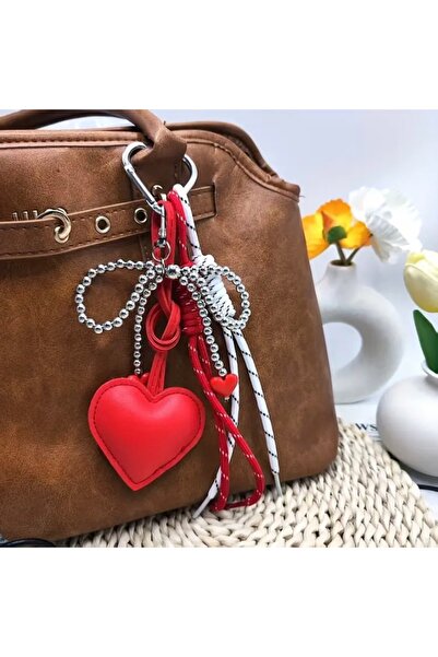 Accessories Hei Red Heart Detailed Chain Detailed Cute Stylish Women's Bag Accessory Charm Keychain