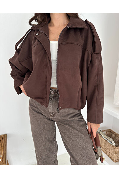 02Lady Fashion Oversized Suede Jacket with Bomber Epaulet Detail