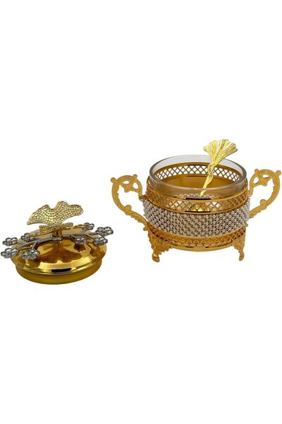 B&D Decorative Date Bowl with Pearlescent Accents, Gold Metal Stand & Decorative Lid