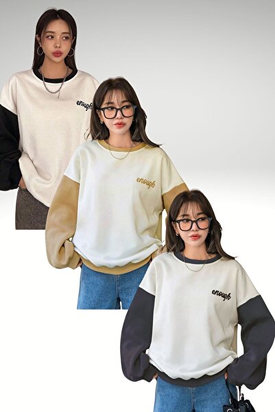 Know 3Lü Set Siyah Bej Füme Enough Baskılı Kol Detay Oversize Sweatshirt