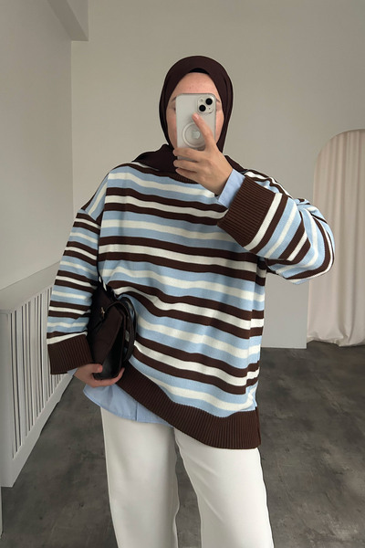 HYWONA Γυναικείο πλεκτό πουλόβερ με λαιμόκοψη oversized μπλε καφέ ριγέ