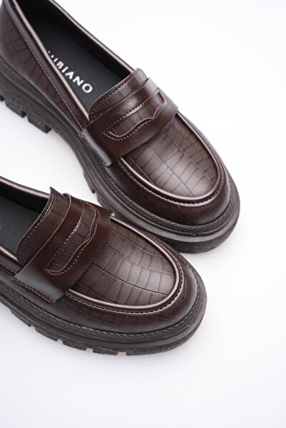 Mubiano Жіночі шкіряні лофери Оксфорд з крокодилячим візерунком, товста комфортна підошва, кавовий колір Carmin