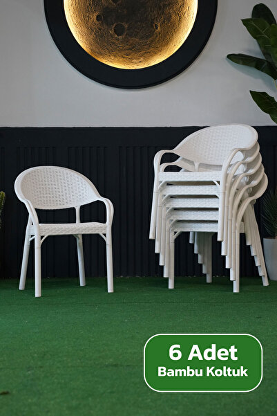 Alezy Bambu Rattan Kollu Koltuk 6 Adet Beyaz