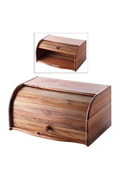 RİVO HOME DECOR Acacia Wood Bread Box – Natural Roll Lid Bread Bin 38X23X19
