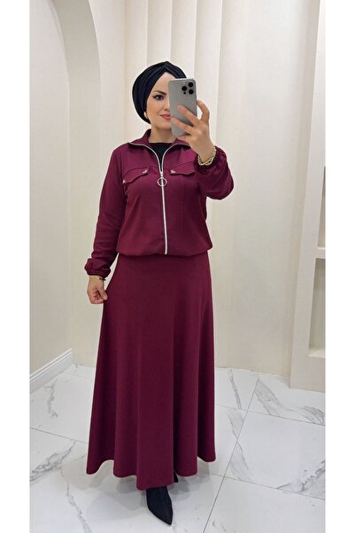 ERVA Fermuarlı Tesettür Etek Ceket Takım – Şık ve Rahat İkili Kombin