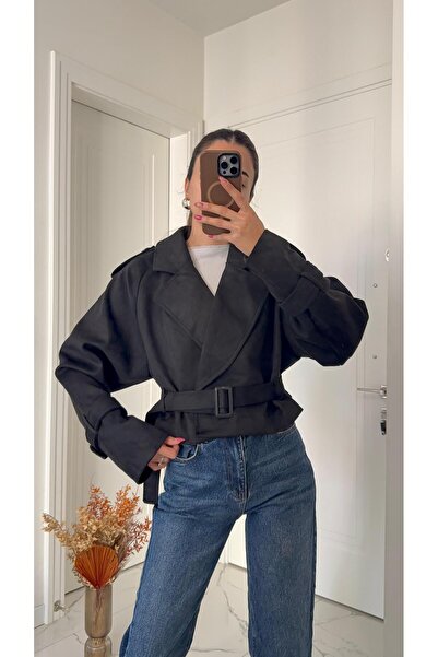 Solie Siyah Kısa Süet Trençkot