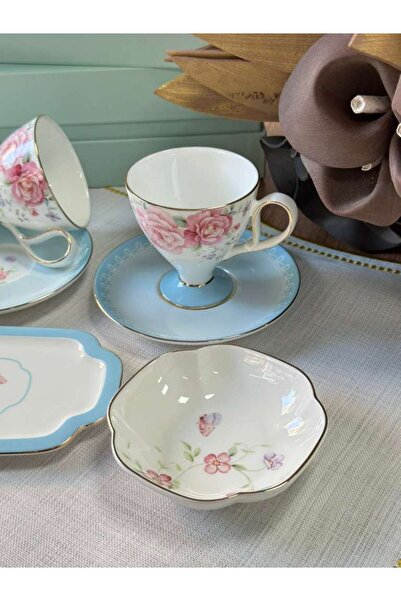 MD MİMOZA DEKOR Turkish Coffee Cup Veronica Azure 2 Person Set 6 Pieces / Turkish Delight Holder / Snack Holder