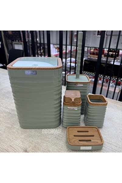 DGCHOME Yeşil Ahşap Görünümlü 5 Li Banyo Takımı