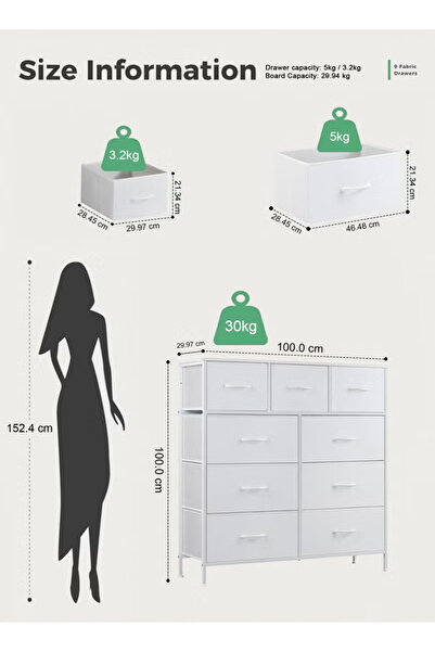 ULHYC Tall 9-Drawer Fabric Dresser, White Storage Tower Organizer for Bedroom, Closet, Nursery