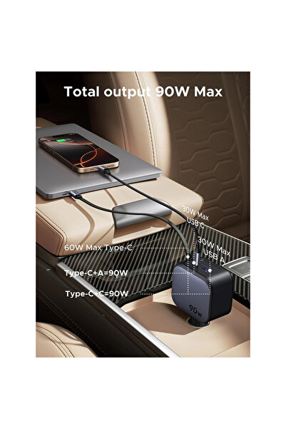 Ugreen Nexode Car Charger with Retractable USB-C and USB Ports 90W - Space Gray