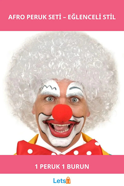Letsii شعر مستعار أفرو مجعد أبيض وإكسسوار زي أنف إسفنجي أحمر