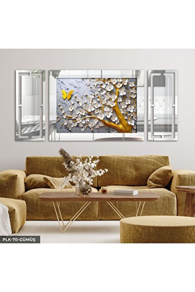 Evinemoda Beyaz Yapraklı Ağaç 3 Parça Gümüş Pleksi Aynalı Yan Dekorlu Tablo