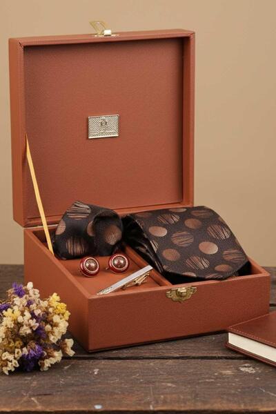 Kravatkolik Coffee Men's Gift Box - Tie with Handkerchief Cufflinks Tie Clip Kmk83