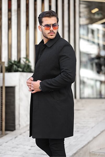 BERMUDA Erkek Siyah Geniş Kalıp Uzun Gömlek Yaka Palto & Kaşe Kaban