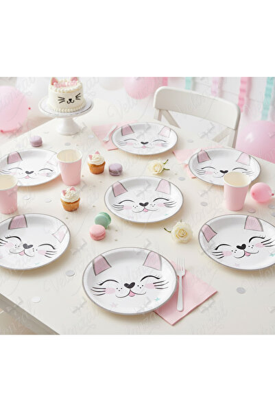 VELONZAL Miss Cat Temalı Tabak-Doğum Günü-Kutlama-Diş Buğdayı-Baby Shower-Parti Konsept Karton Tabak-8 Adet