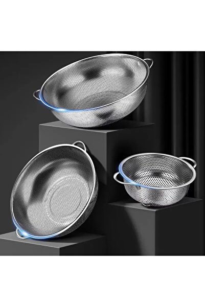 MyBru Paslanmaz Çelik Kulplu Çok Amaçlı Makarna Un Meyve Sebze 3'lü Süzgeç 25...