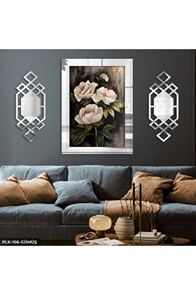 Evinemoda Gül Desenli 3 Parça Gümüş Pleksi Aynalı Yan Dekorlu Tablo