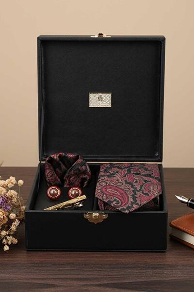 Kravatkolik Black Men's Gift Box - Tie with Handkerchief Cufflinks Tie Clip Kmk80