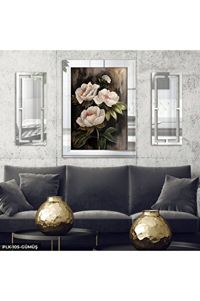 Evinemoda Gül Desenli 3 Parça Gümüş Pleksi Aynalı Yan Dekorlu Tablo