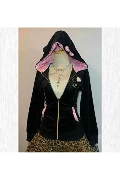İsra Ayyıldız Moonstar Collection Hello Kitty Fiyonklu Y2K Kadife Kapüşonlu Hırka