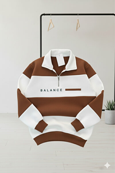 NİCE Унісекс коричнево-біла смугаста толстовка на блискавці - з написом «BALANCE»