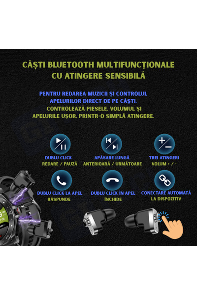 gitech 2-in-1 Smartwatch with Bluetooth TWS Earbuds, Calls, Notifications, 1.52" IPS, 400 mAh, Gift Strap