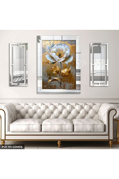 Evinemoda Beyaz Çiçek Gold Yapraklı 3 Parça Gümüş Pleksi Aynalı Yan Dekorlu T...