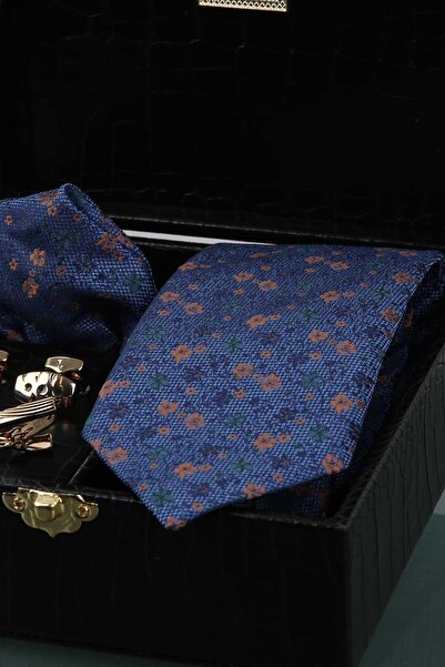 Kravatkolik Black Men's Gift Box - Tie with Handkerchief Cufflinks Tie Clip Kmk73