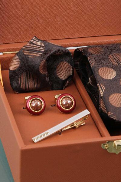 Kravatkolik Coffee Men's Gift Box - Tie with Handkerchief Cufflinks Tie Clip Kmk83