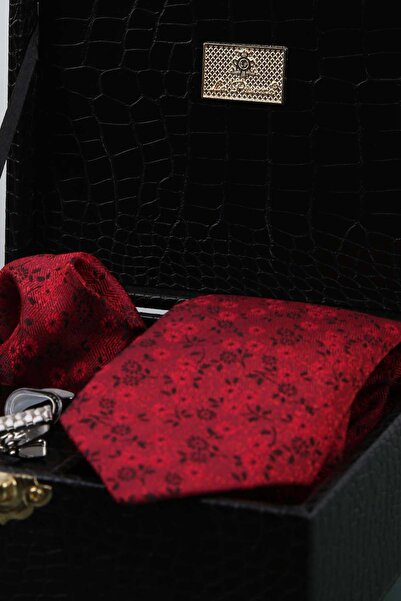 Kravatkolik Black Men's Gift Box - Tie with Handkerchief Cufflinks Tie Clip Kmk74