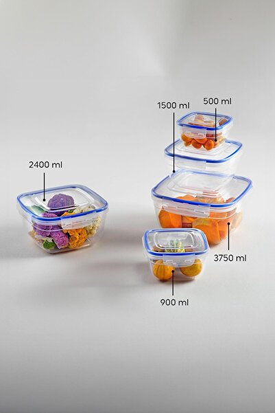 Mustran Square 5 Piece Vacuum Sealed Airproof Storage Container Set with Gasket (3750/2400/1500/900/500 ml)