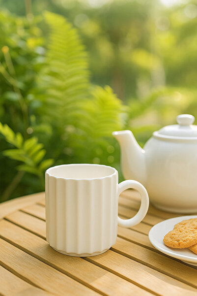 MARIA HOMES White Ceramic Mug – Modern Ribbed Design Coffee and Tea Cup