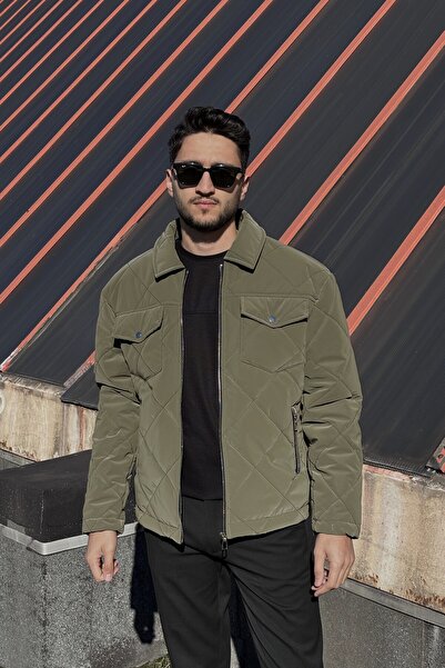 inpool Shirt Collar, Oversized, Double Pocket Flap, Diamond Patterned Quilted Jacket 2504