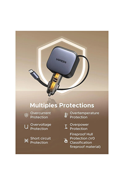 Ugreen Nexode Car Charger with Retractable USB-C and USB Ports 90W - Space Gray