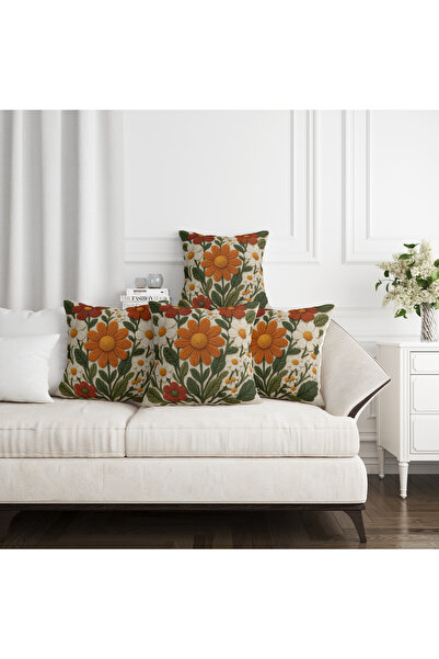 Ahsen Dekoratif Embroidery Pattern Digital Printed Yellow Orange Autumn Themed 4-Piece Throw Pillow Cover Set