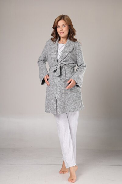 BLACKMORE Women's Gray Jacquard Shawl Collar Winter Double-Breasted Cotton Maternity Pajamas Set with Dressing Gown 3-Piece Pajama Set