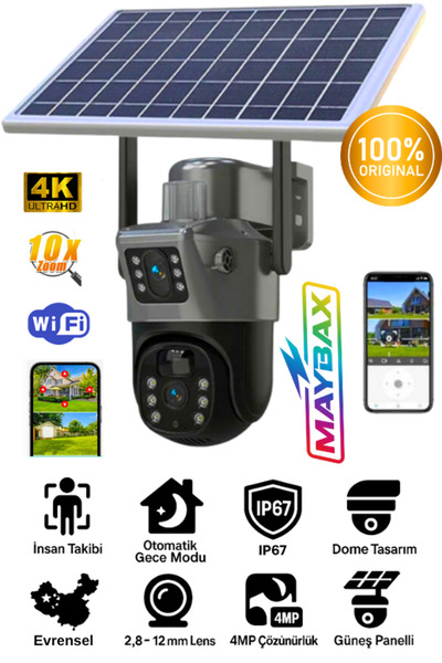 Maybax Güneş Enerjili WiFi IP67 Su Geçirmez PTZ Akıllı İnsan Takipli Gece Görüşlü Güvenlik Kamerası