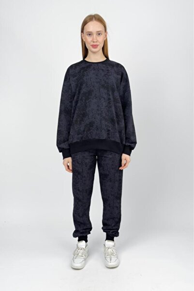 Betimoda Women's Cotton 2 Thread Elastic Waist Patterned Tracksuit Set Black