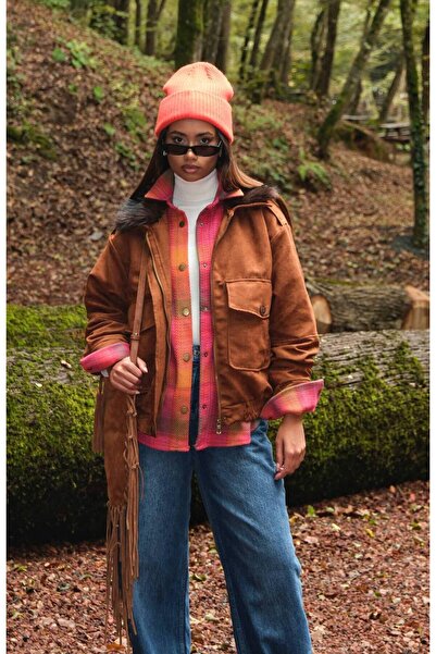 MADAMMERY Women's Fur Bomber Jacket with Detachable Collar and Pockets