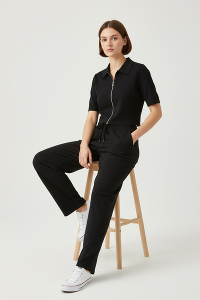 NEWCO Women's Zippered Crop Top & Elastic Waistband Comfortable Cut Two-Piece Set