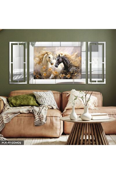 Evinemoda At ve Çiçekler 3 Parça Gümüş Pleksi Aynalı Yan Dekorlu Tablo